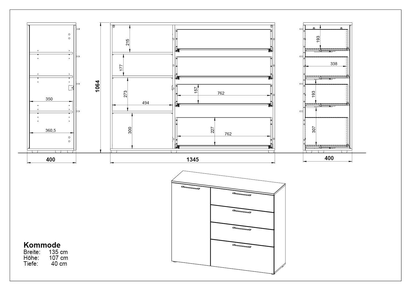 Technische Zeichnung einer Kommode mit den Maßen: Breite 135 cm, Höhe 107 cm, Tiefe 40 cm. Frontansicht und Seitenansicht mit detaillierten Abmessungen.