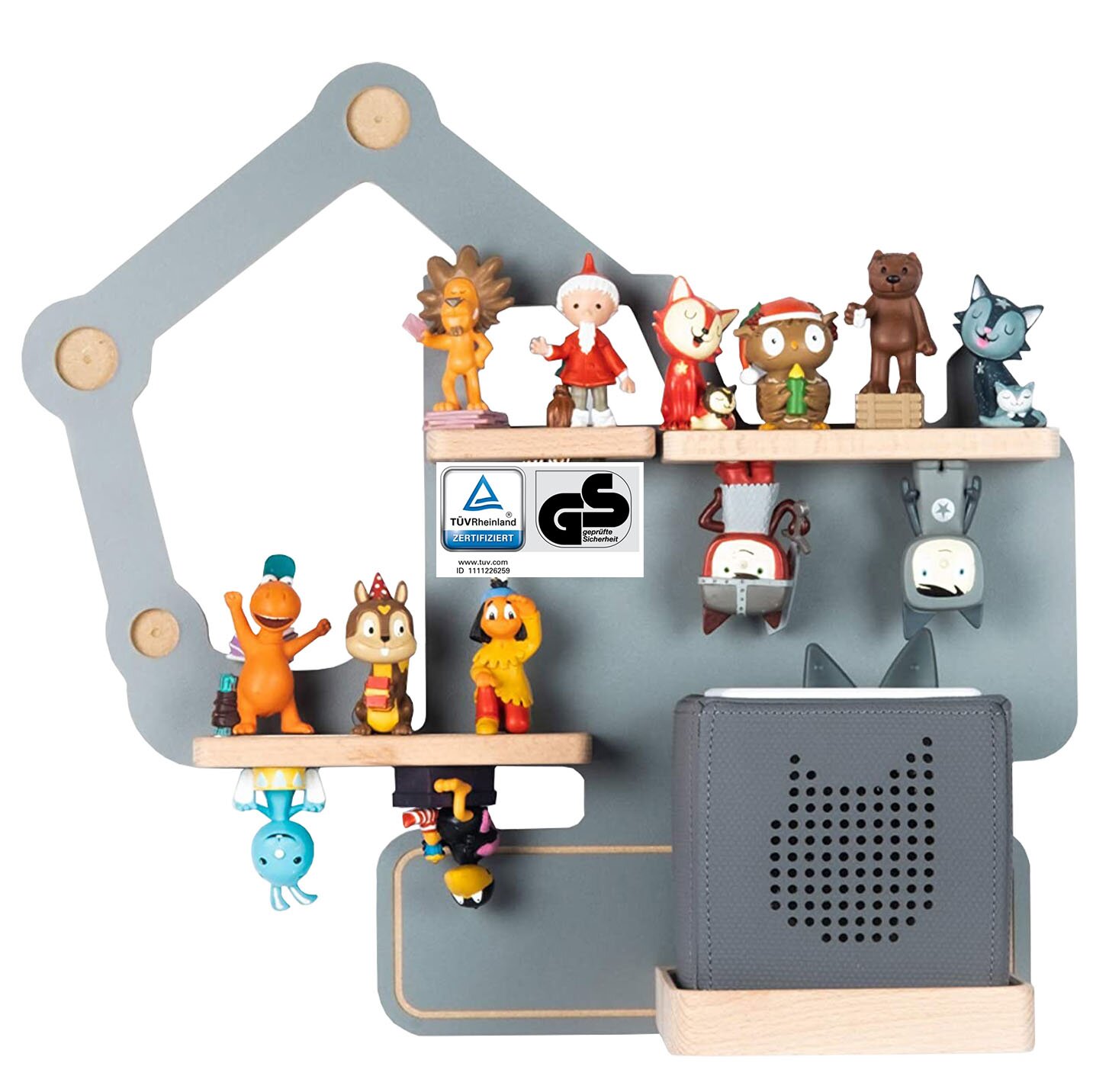 Hausförmiges Kinder-Wandregal in Grau mit mehreren Holzablagen und kleinen Spielfiguren sowie Fach für eine Toniebox Frontalansicht.