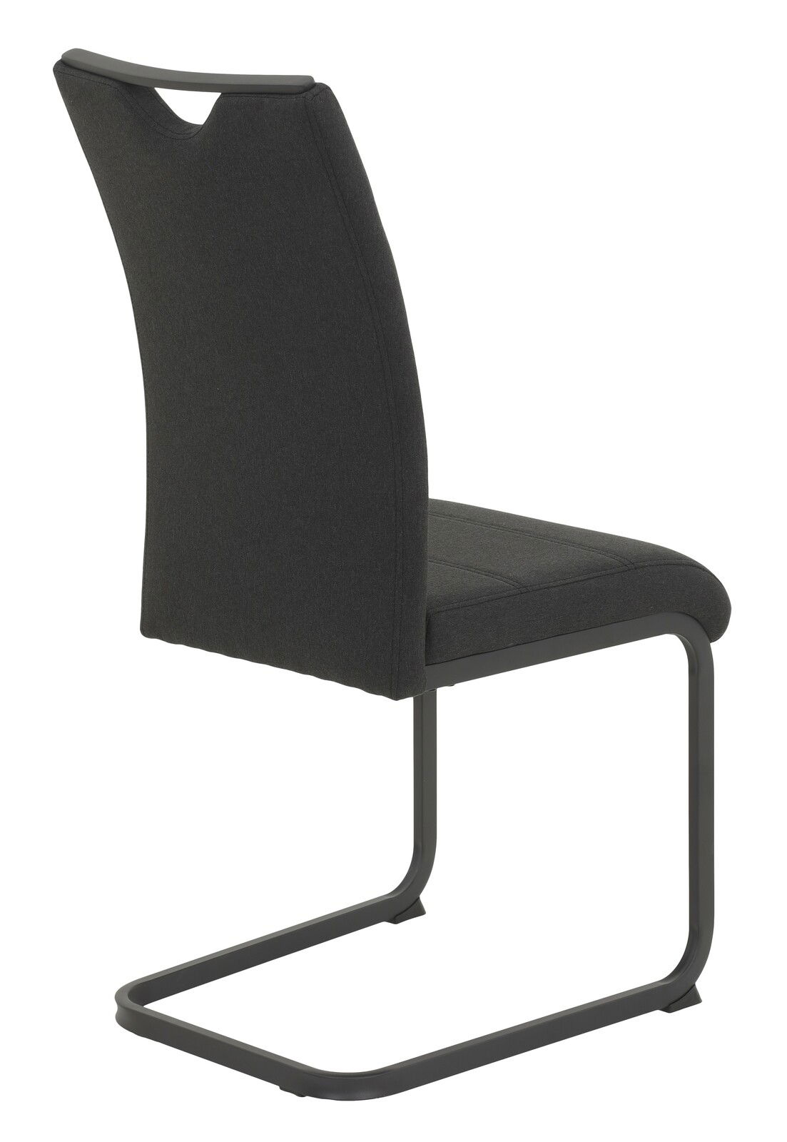 Schwarzer Schwingstuhl aus seitlicher Perspektive mit gepolsterter Rückenlehne und Metallgestell.