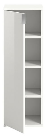 Weiße Kommode mit vier offenen Regalfächern, Tür leicht geöffnet, Frontalansicht