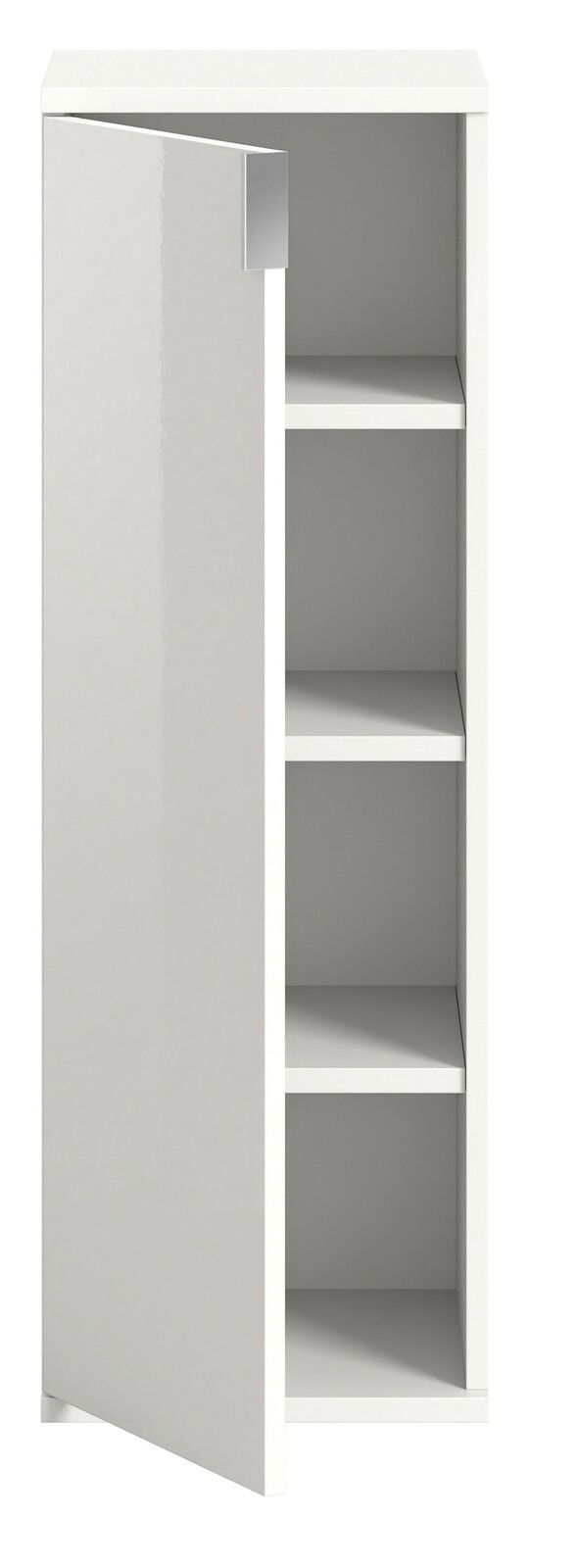 Weiße Kommode mit vier offenen Regalfächern, Tür leicht geöffnet, Frontalansicht