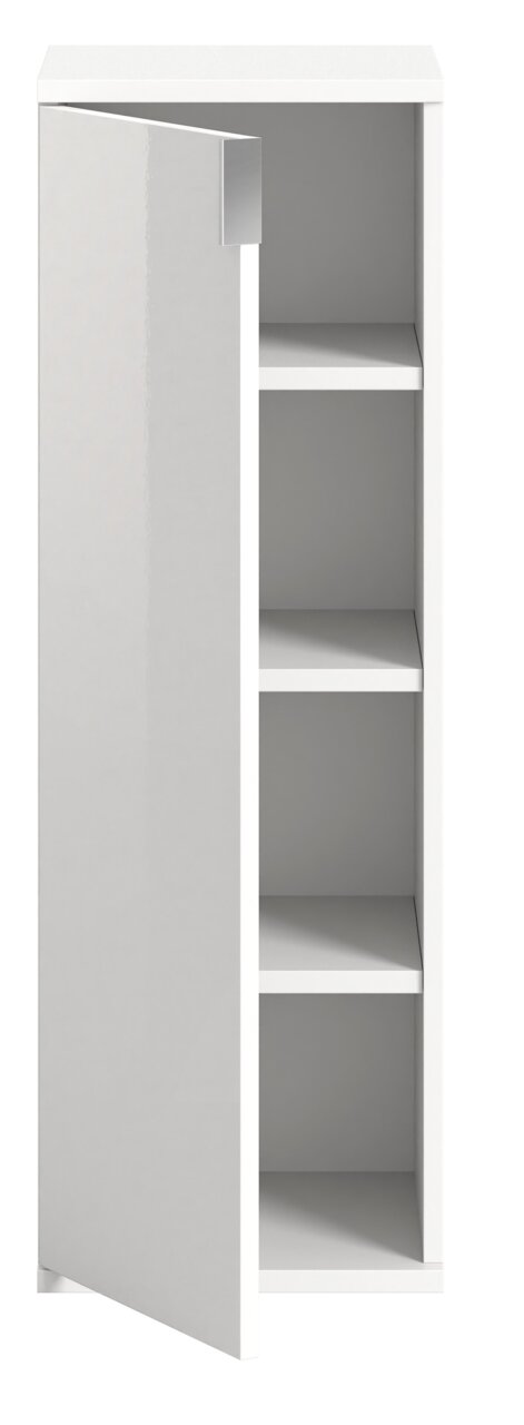 Weiße Kommode mit vier offenen Regalfächern, Tür leicht geöffnet, Frontalansicht