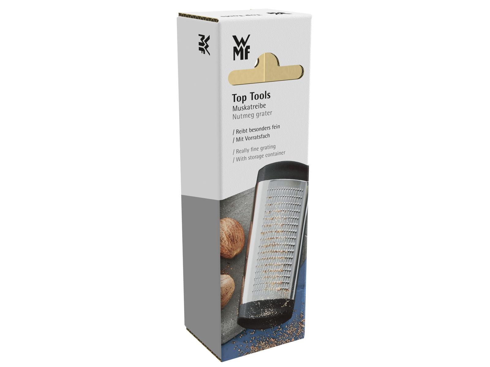 Muskatreibe in Verpackung, seitliche Perspektive