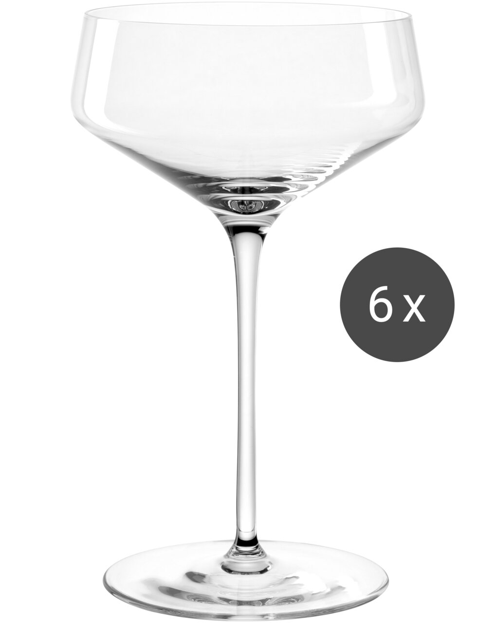 Elegante Champagnerschale aus Glas, seitliche Ansicht, 350ml, Teil eines 6er-Sets