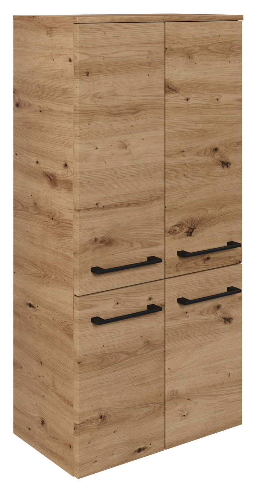 Midischrank aus Holz mit zwei Türen und zwei Schubladen, seitliche Perspektive