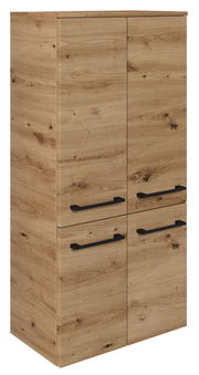 Midischrank aus Holz mit zwei Türen und zwei Schubladen, seitliche Perspektive