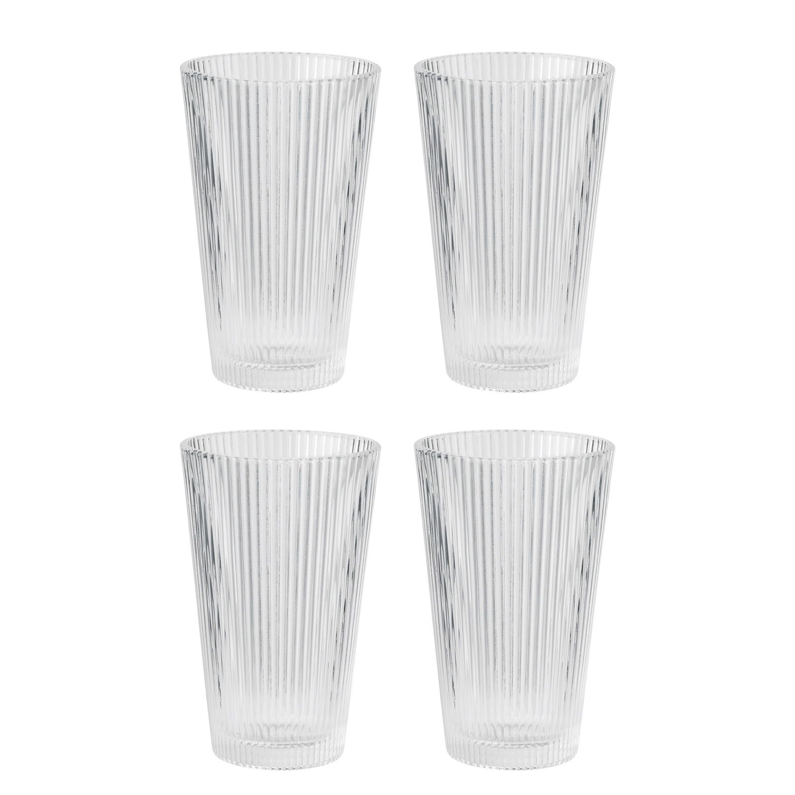 Vier klare, geriffelte Trinkgläser mit einem Fassungsvermögen von 0,35 l, frontal angeordnet.