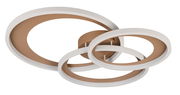 Moderne Deckenleuchte mit drei ineinander verschlungenen Ringen in Weiß und Kupfer, seitliche Perspektive