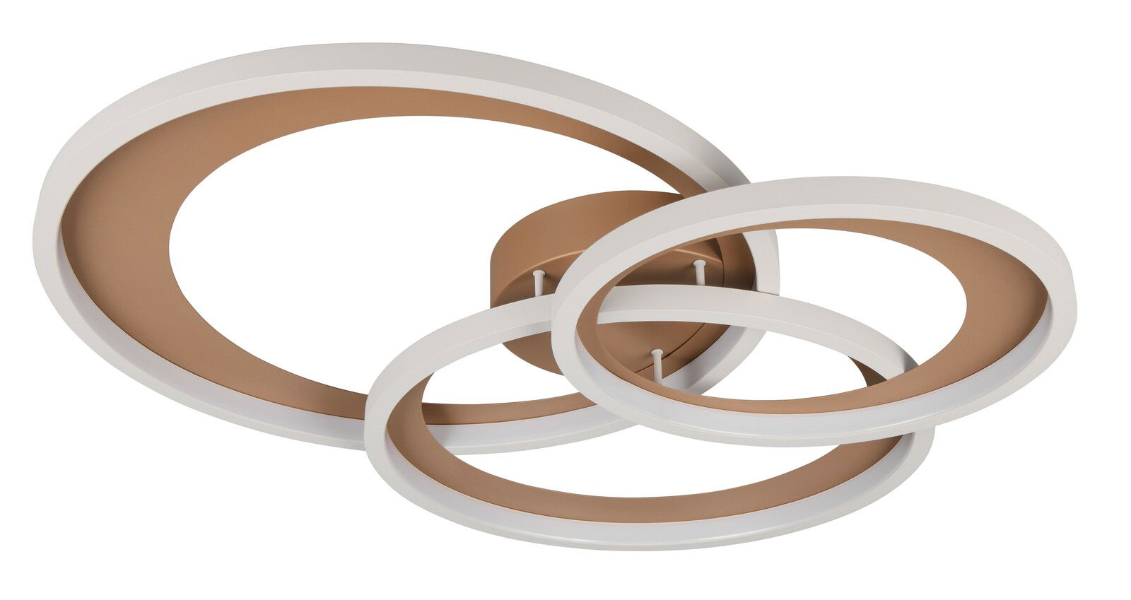 Moderne Deckenleuchte mit drei ineinander verschlungenen Ringen in Weiß und Kupfer, seitliche Perspektive