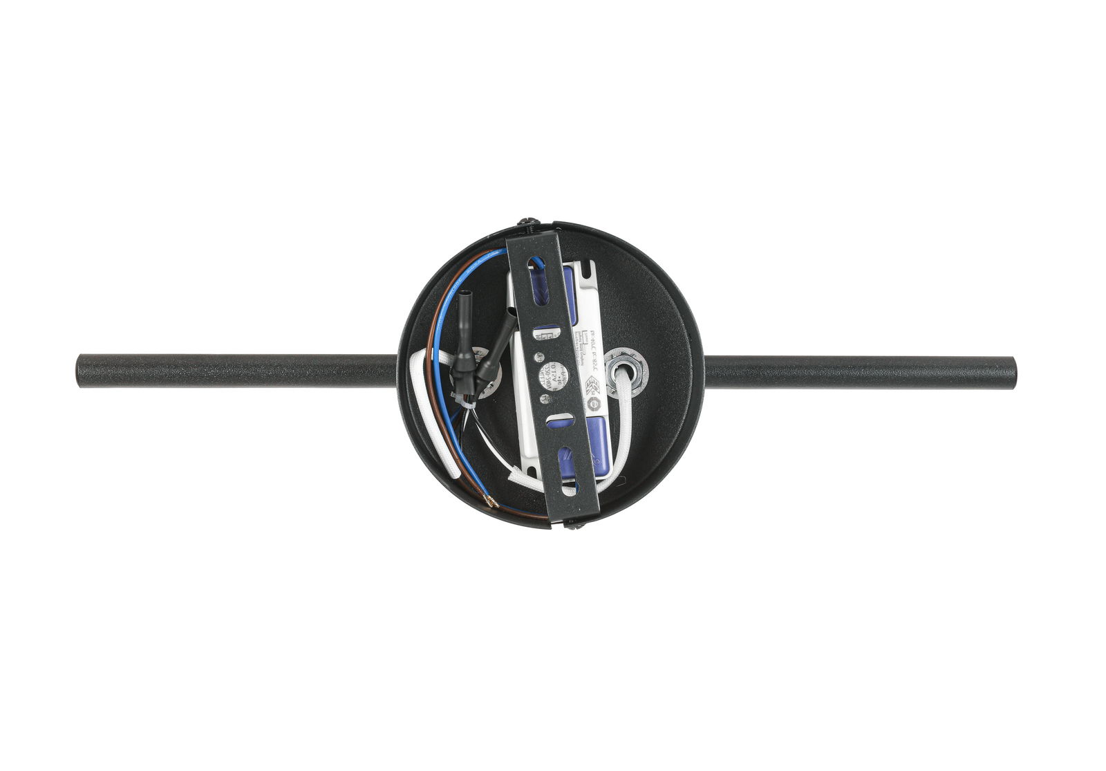 Ansicht von oben auf die Rückseite eines LED-Strahlers mit sichtbaren Kabeln und Montagehalterung.