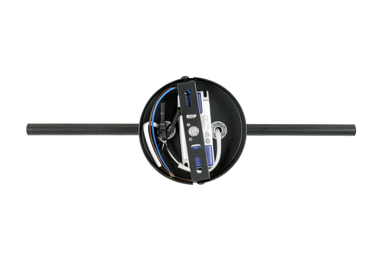 Ansicht von oben auf die Rückseite eines LED-Strahlers mit sichtbaren Kabeln und Montagehalterung.