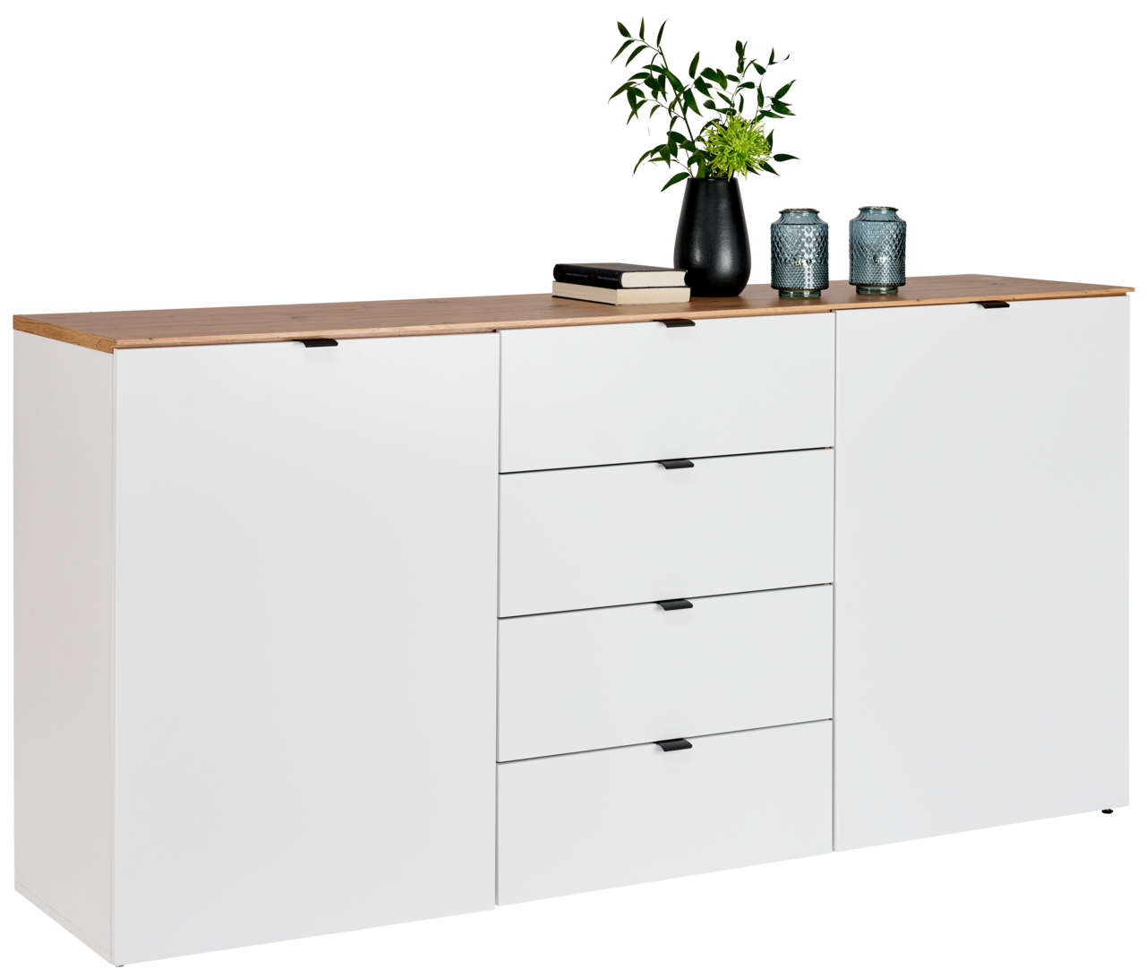 Hom´in Sideboard DIANA Weißes Sideboard mit Holzplatte, zwei Türen und vier Schubladen, dekoriert mit Pflanzen und Kerzen, seitliche Perspektive
