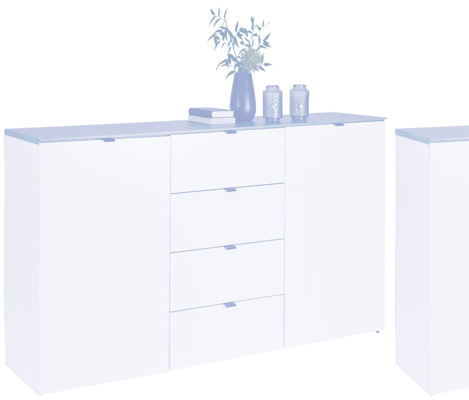 Hom´in Sideboard DIANA Weißes Sideboard mit Holzplatte, zwei Türen und vier Schubladen, dekoriert mit Pflanzen und Kerzen, seitliche Perspektive