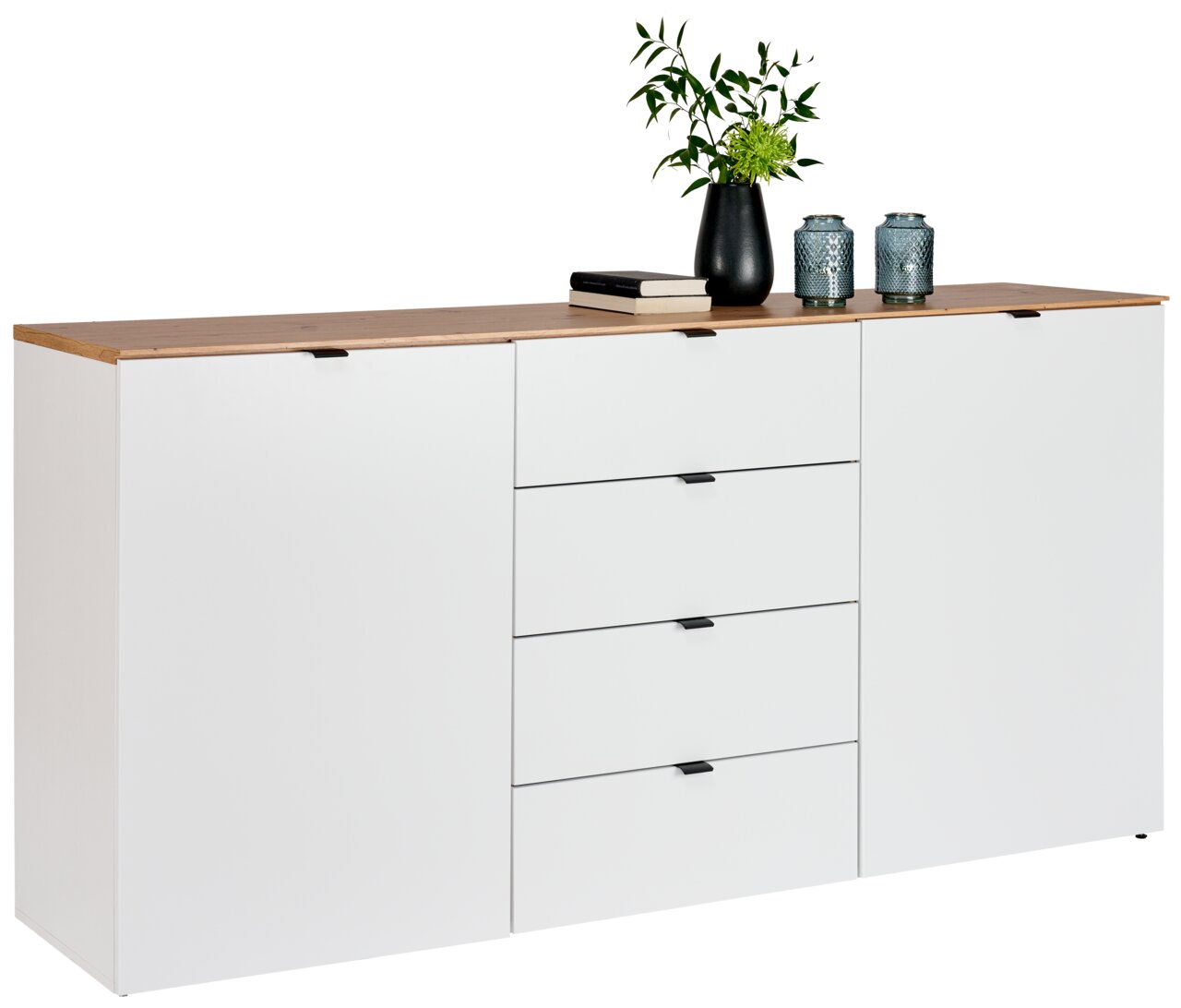 Wit dressoir met houten blad, twee deuren en vier lades, versierd met planten en kaarsen, zijaanzicht