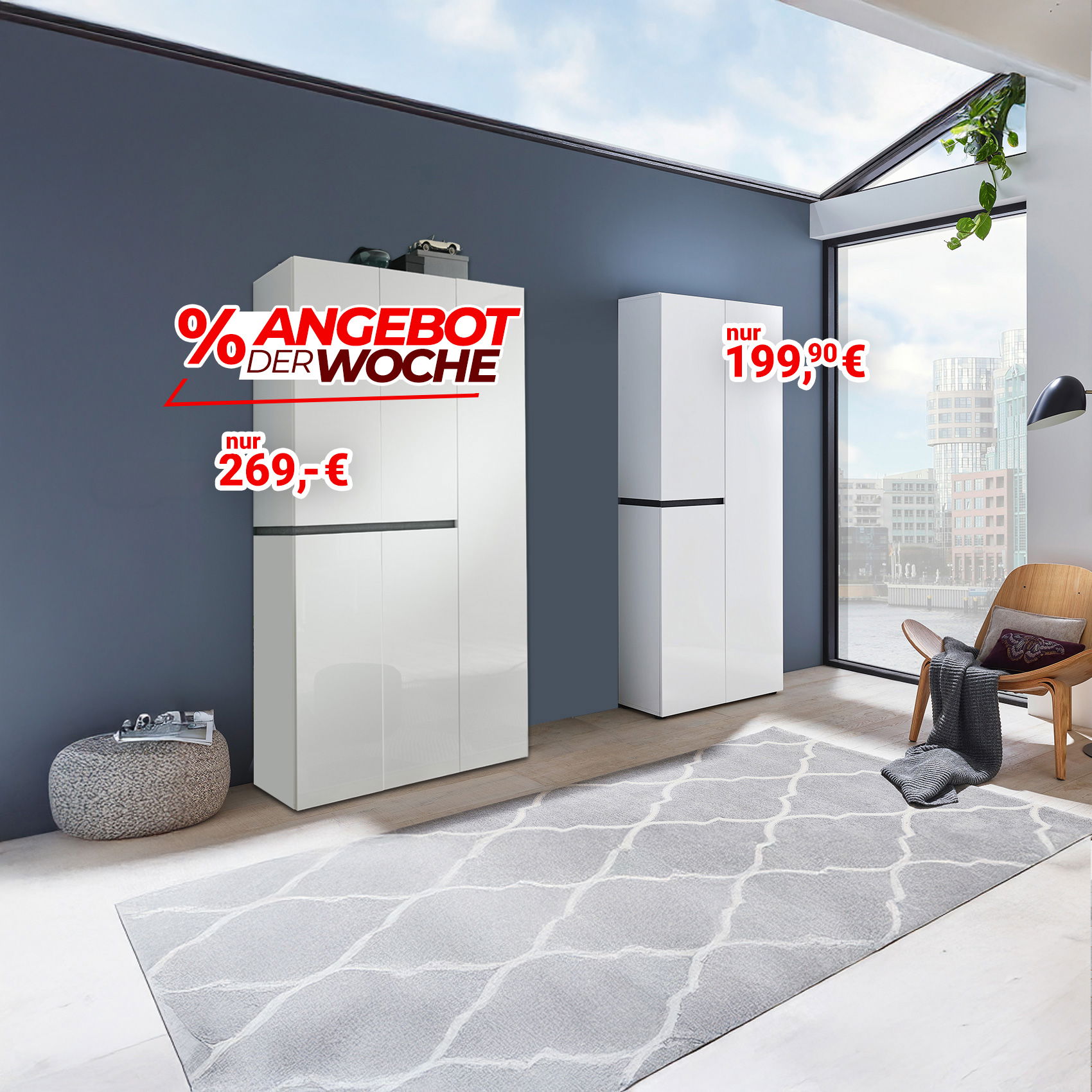 % Angebot der Woche: Weiße Hochglanz-Kommode und Schrank, Preise 269 € und 199,90 € eingeblendet