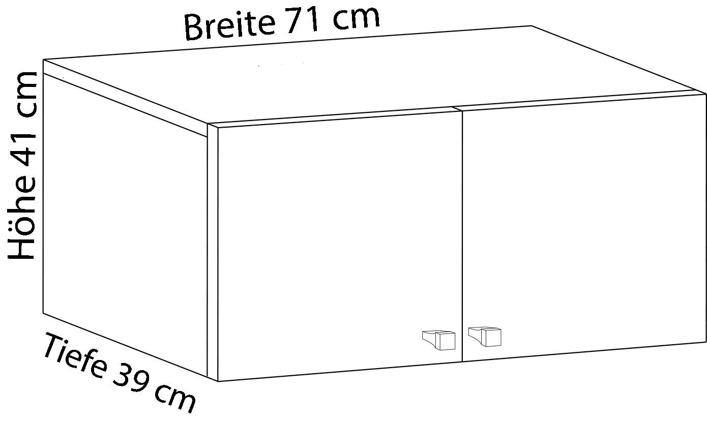 Skizze eines rechteckigen Hängeschranks mit zwei Türen und Griffen, in perspektivischer Schrägansicht von vorn; Maße: Breite 71 cm, Höhe 41 cm, Tiefe 39 cm.