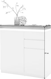 Moderner weißer Schuhschrank mit zwei Türen und zwei Schubladen, dekoriert mit einer Vase und einem dekorativen Ball, aus der Frontalperspektive.