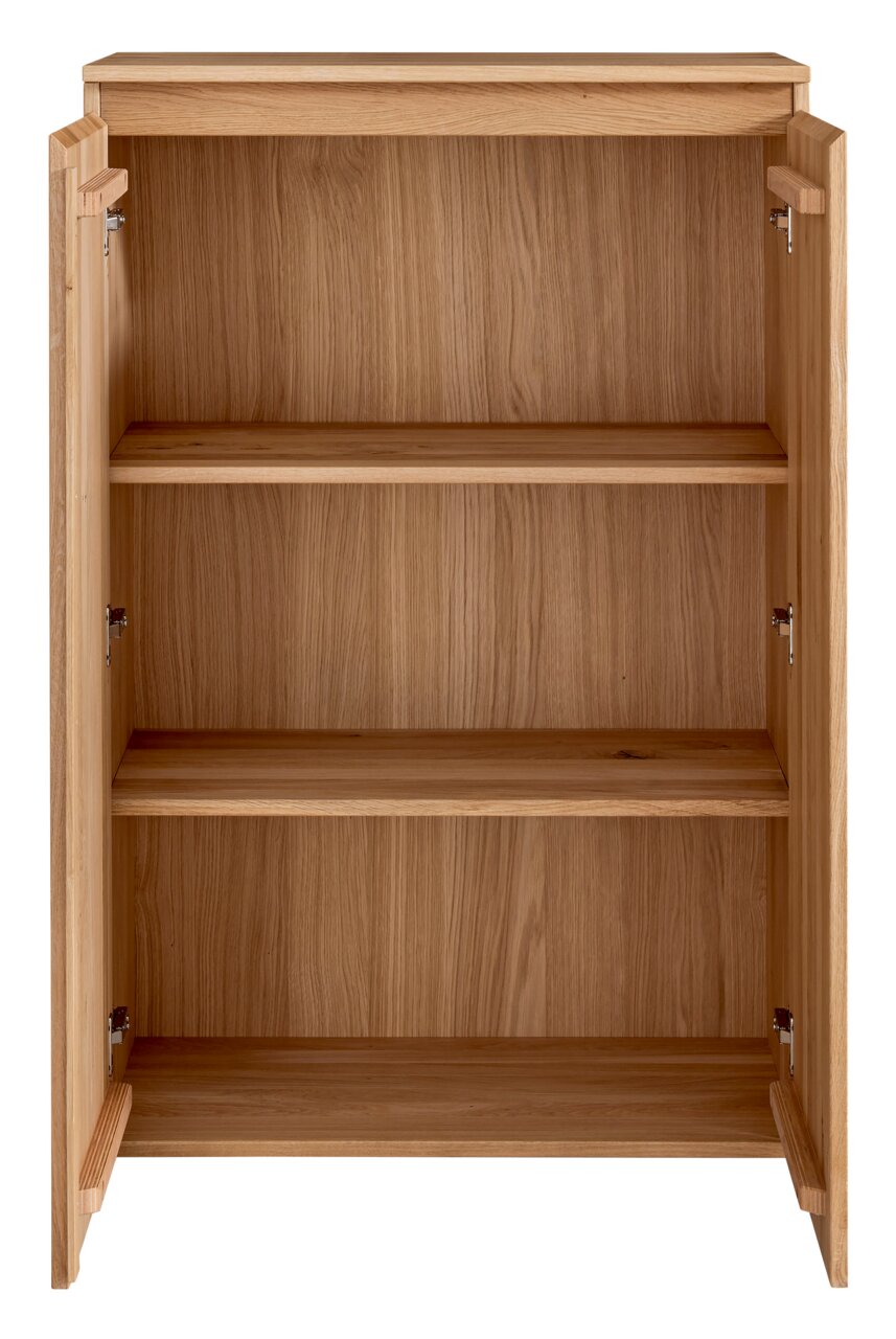 Offenes Highboard aus Holz mit zwei Einlegeböden, frontale Ansicht