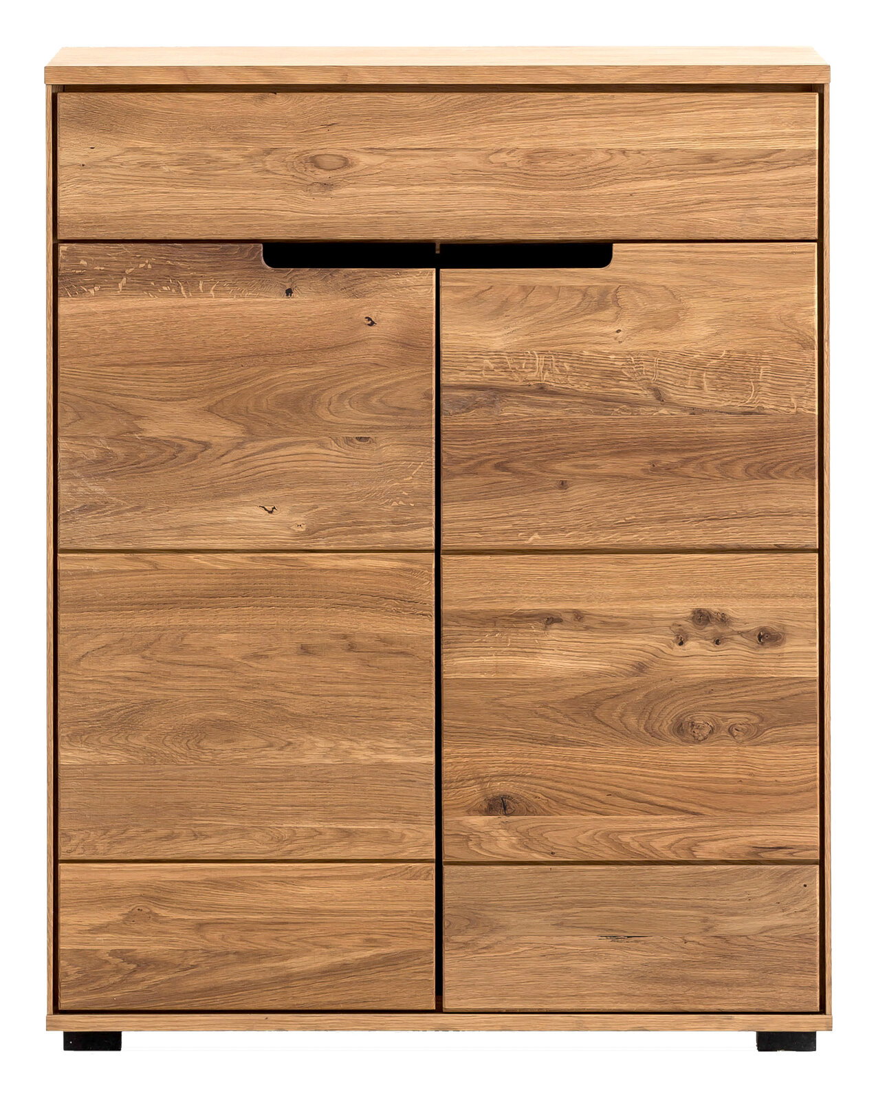 Frontansicht eines modernen Schuhschranks aus Holz mit mehreren Schubladen und Türen.