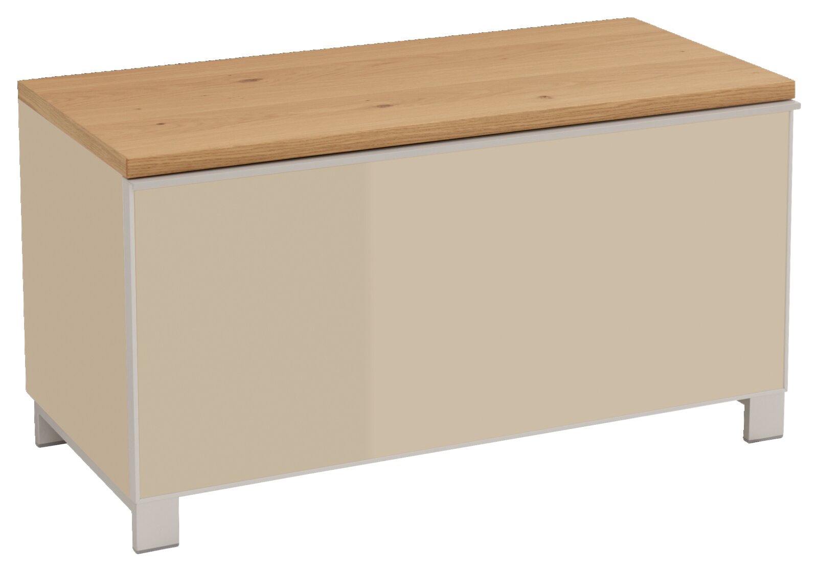 Beige Truhe/Stauraumbank mit heller Holzplatte und weißen Füßen, freigestellt auf weißem Hintergrund, in schräger Frontansicht von oben links