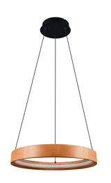 Moderne Pendelleuchte mit einem runden Holzrahmen, aufgehängt an dünnen schwarzen Kabeln, seitliche Perspektive