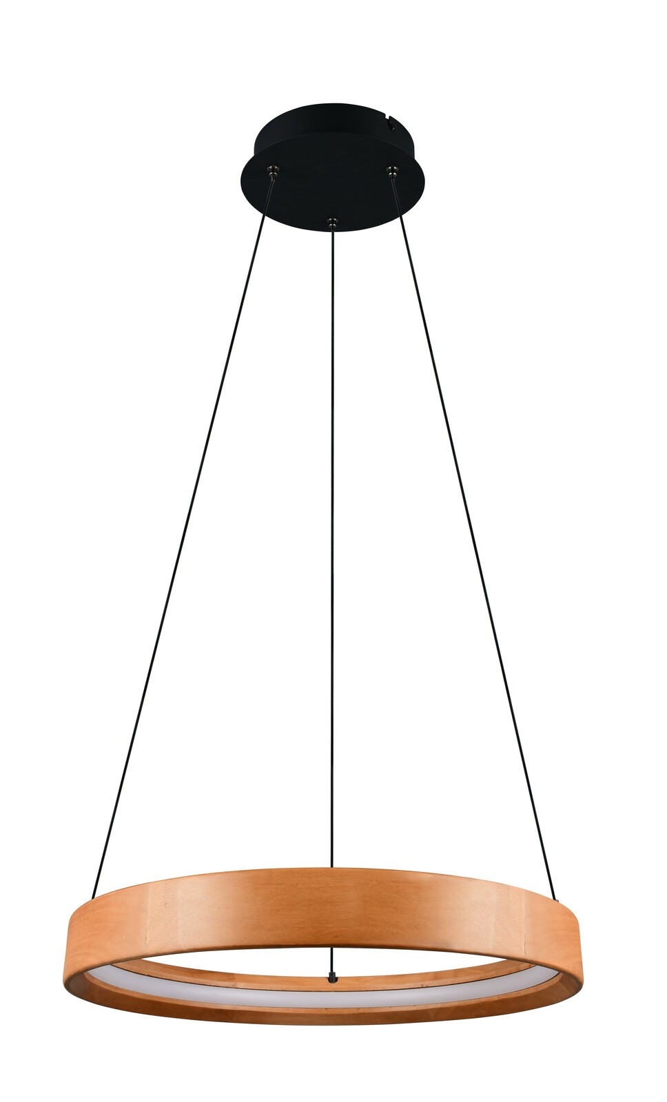 Moderne Pendelleuchte mit einem runden Holzrahmen, aufgehängt an dünnen schwarzen Kabeln, seitliche Perspektive