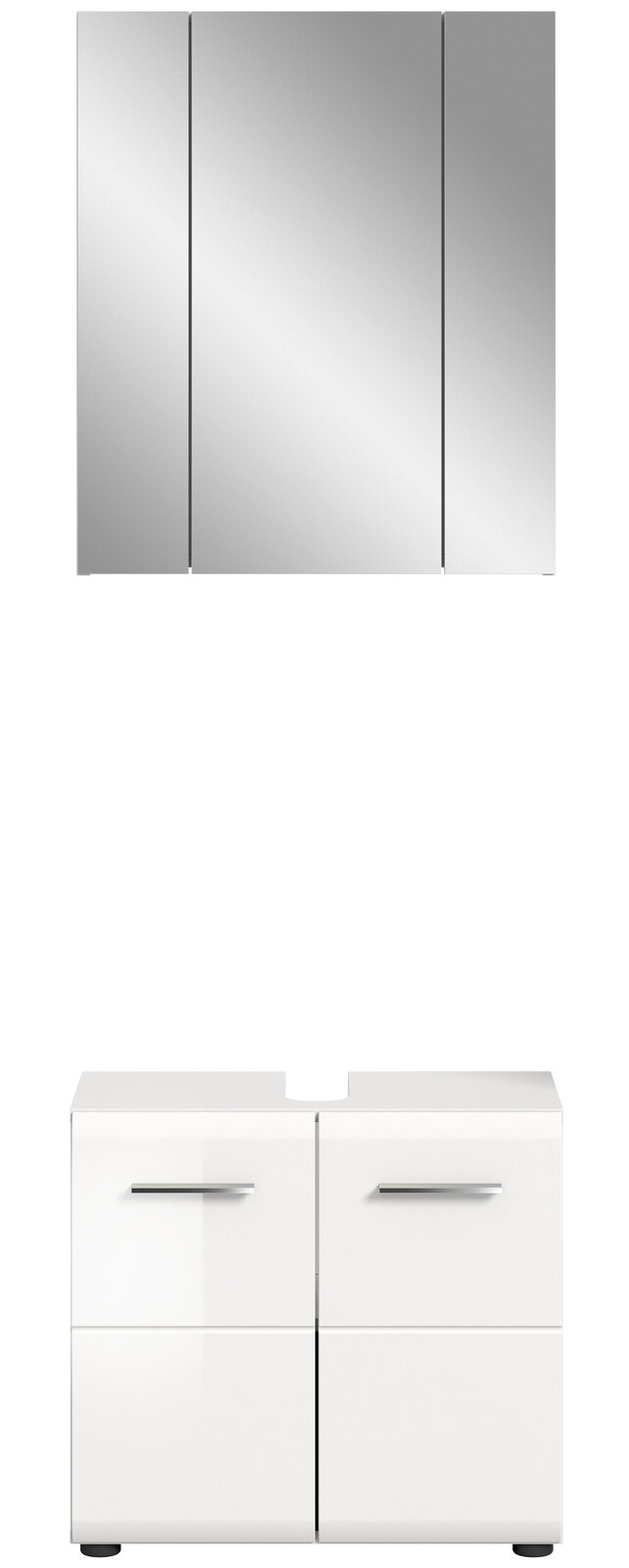 Frontansicht einer modernen Badkombination mit einem dreiteiligen Spiegelschrank und einem weißen Unterschrank mit vier Türen und silbernen Griffen.