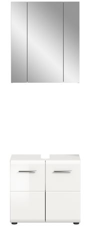 Frontansicht einer modernen Badkombination mit einem dreiteiligen Spiegelschrank und einem weißen Unterschrank mit vier Türen und silbernen Griffen.