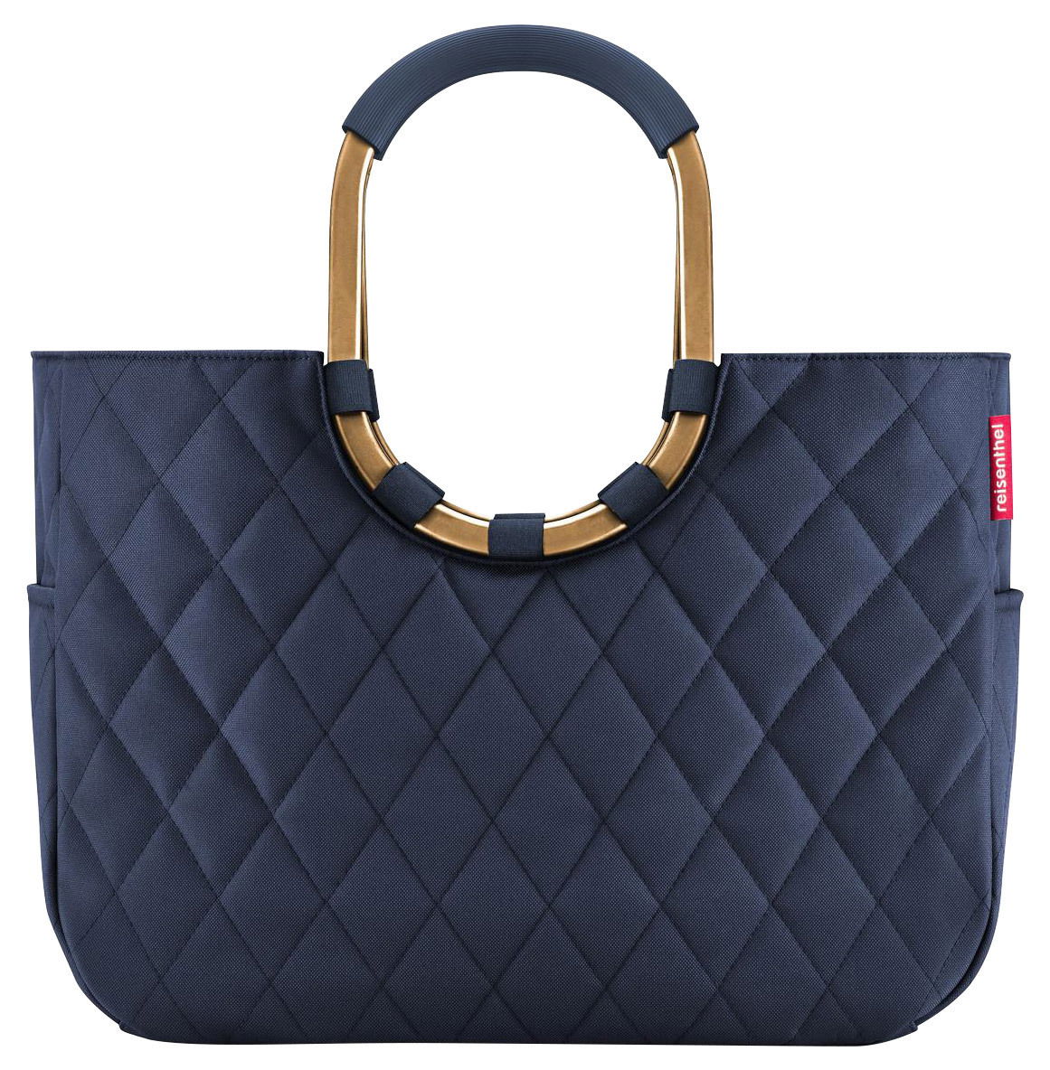 Vorderansicht einer eleganten, dunkelblauen Tasche mit Rautenmuster und goldenen Griffen.