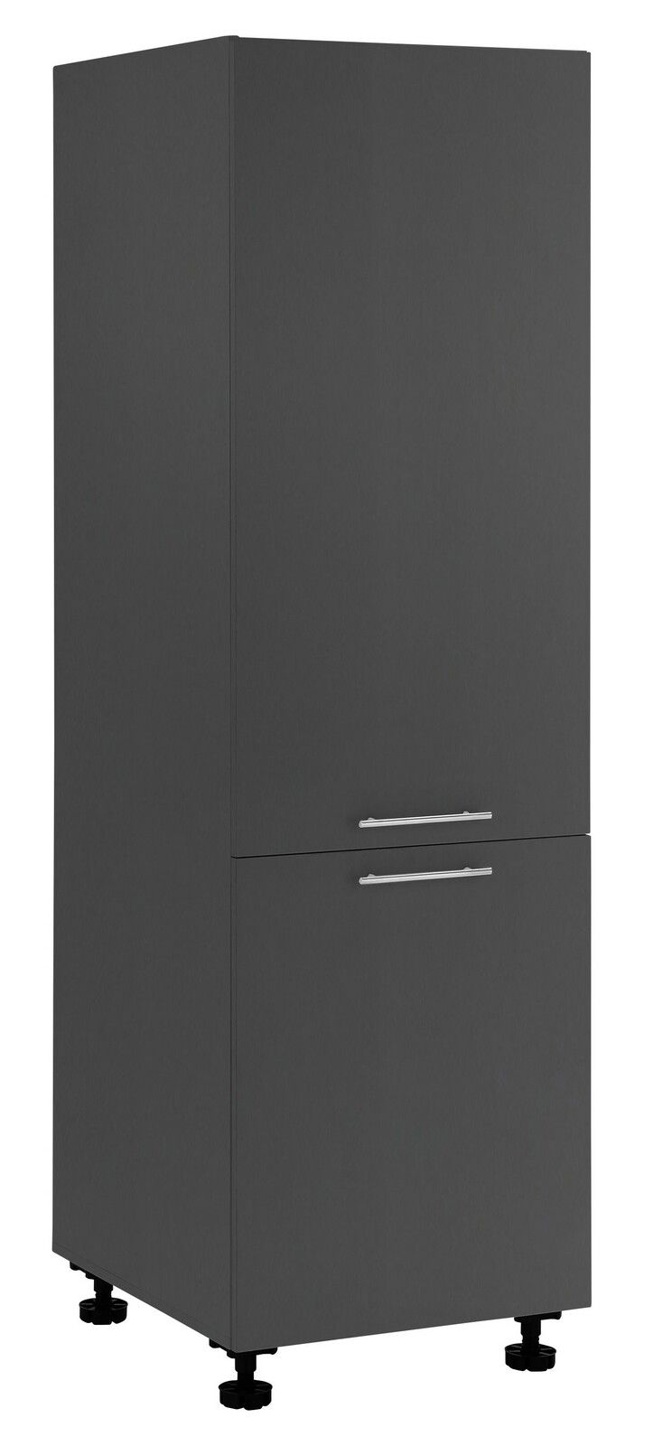 Schwarzer Kühlschrankumbauschrank mit zwei Türen und silbernen Griffen, seitliche Perspektive