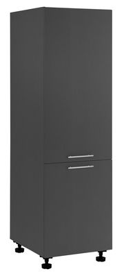 Schwarzer Kühlschrankumbauschrank mit zwei Türen und silbernen Griffen, seitliche Perspektive