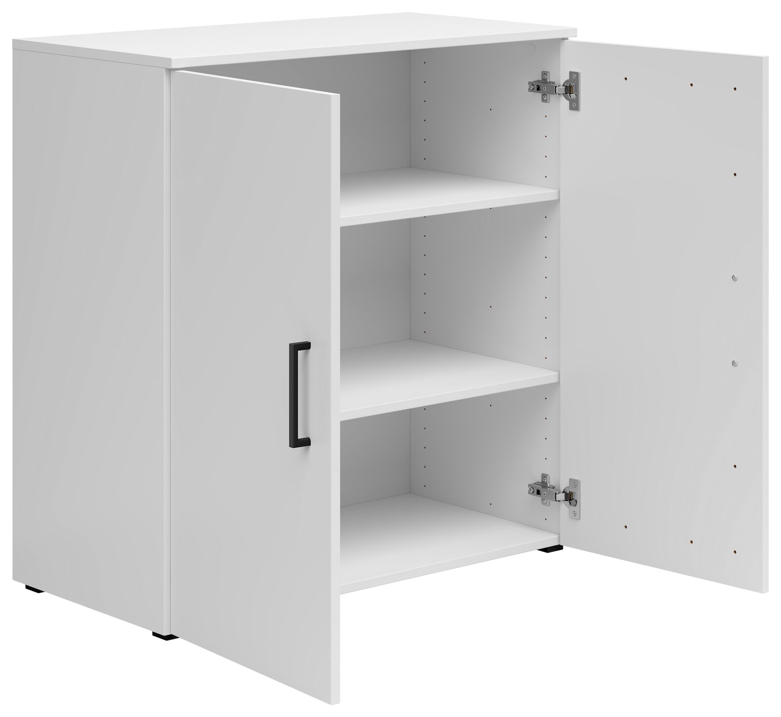 Weiße Kommode mit zwei offenen Türen, drei Regalböden und schwarzem Griff, seitliche Perspektive