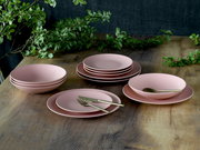 Pastellrosa Geschirr-Set mit Tellern und Schalen auf rustikalem Holztisch, dekoriert mit grünen Zweigen; Perspektive: leicht erhöhte, schräge Vorderansicht.