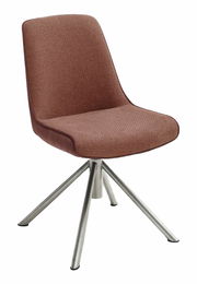 Moderner Stuhl mit braunem Stoffbezug und Metallbeinen, seitliche Perspektive