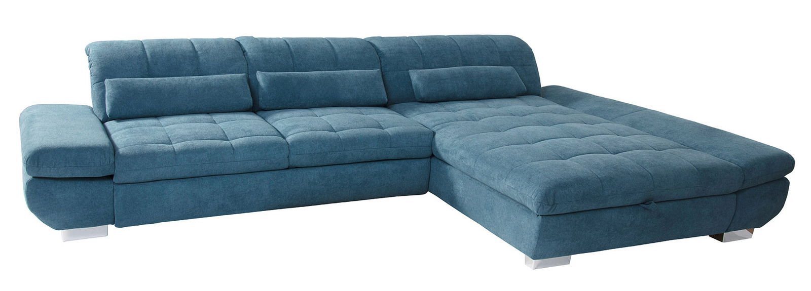 Blaue Longchairkombination mit Polsterung, von vorne betrachtet.