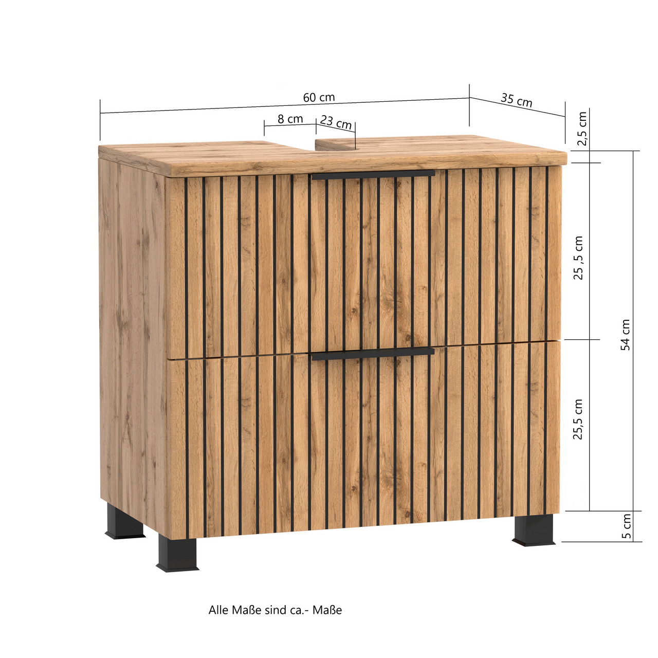 Waschbeckenunterschrank aus Holz mit vertikalen Streifen und schwarzen Griffen, Vorderansicht