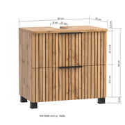 Waschbeckenunterschrank aus Holz mit vertikalen Streifen und schwarzen Griffen, Vorderansicht