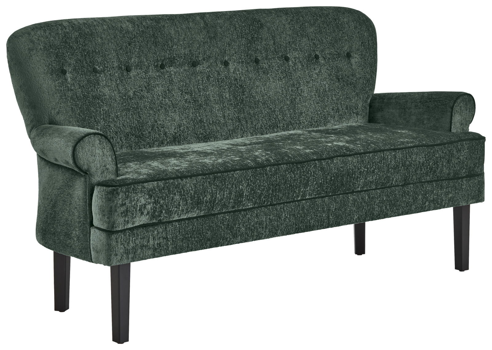 Grüne Sitzbank mit Knopfdetails auf der Rückenlehne, seitliche Perspektive