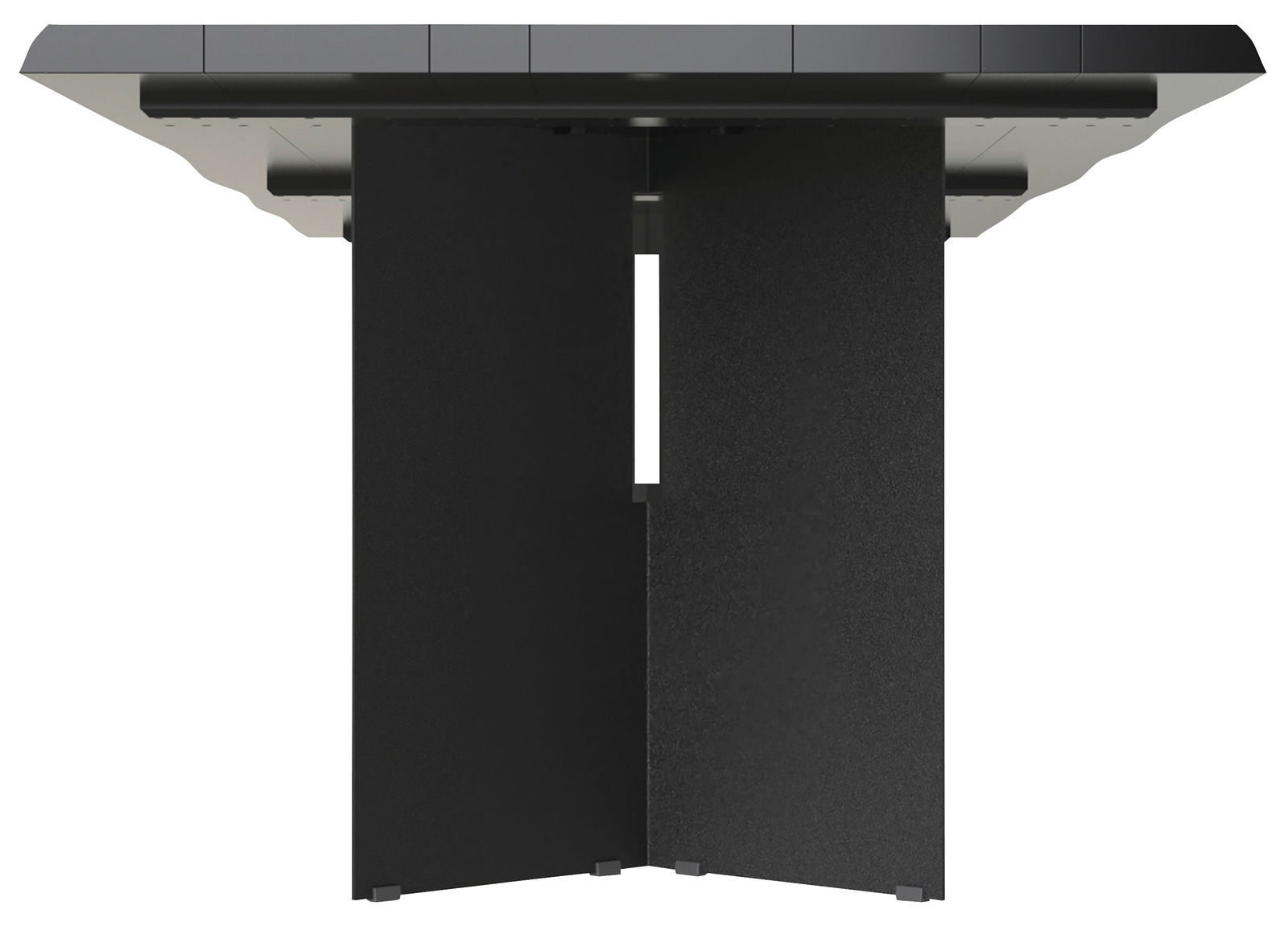 Ansicht von unten eines modernen Esstisches mit schwarzem, rechteckigem Tischbein und dunkler Tischplatte.