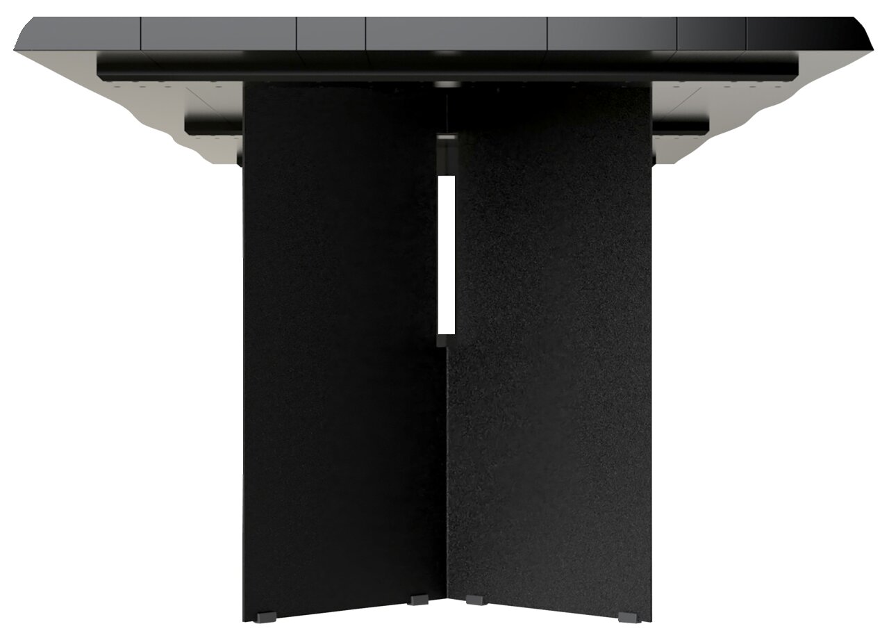 Ansicht von unten eines modernen Esstisches mit schwarzem, rechteckigem Tischbein und dunkler Tischplatte.