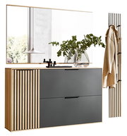 Garderoben-Set in moderner Perspektive mit Holz- und Metallelementen, bestehend aus einem großen Spiegel, einer Kommode mit Schubladen und einer Wandgarderobe mit Haken, dekoriert mit einer Vase und Pflanzen.