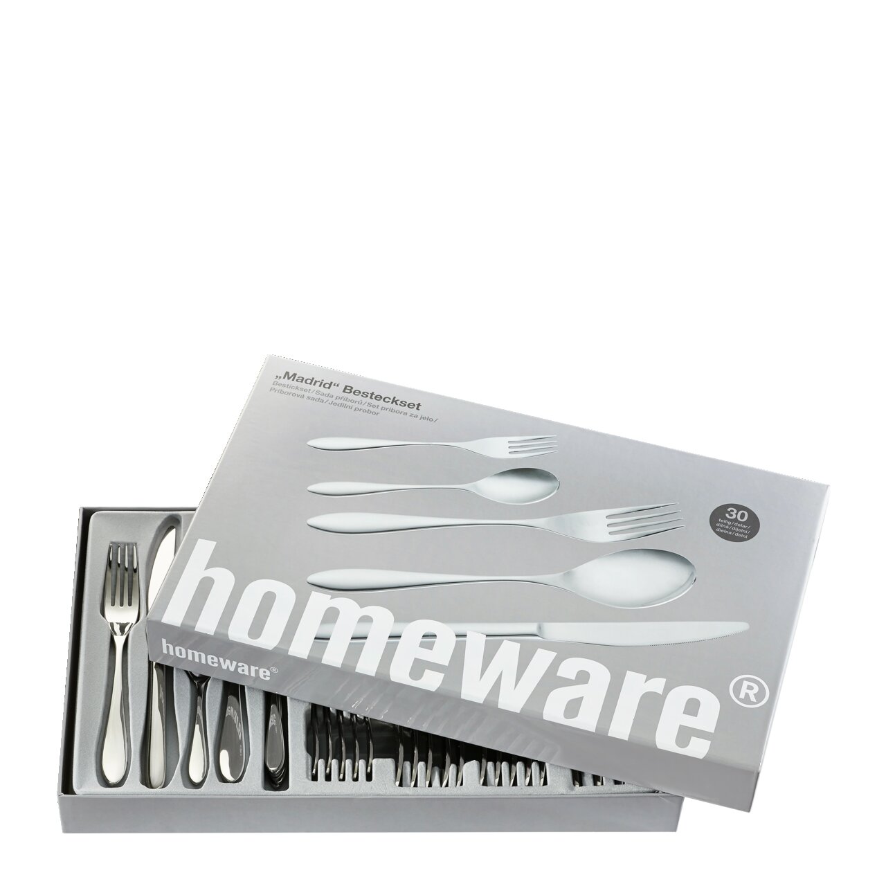 Besteckset 30-teilig in geöffneter Verpackung, Perspektive von oben