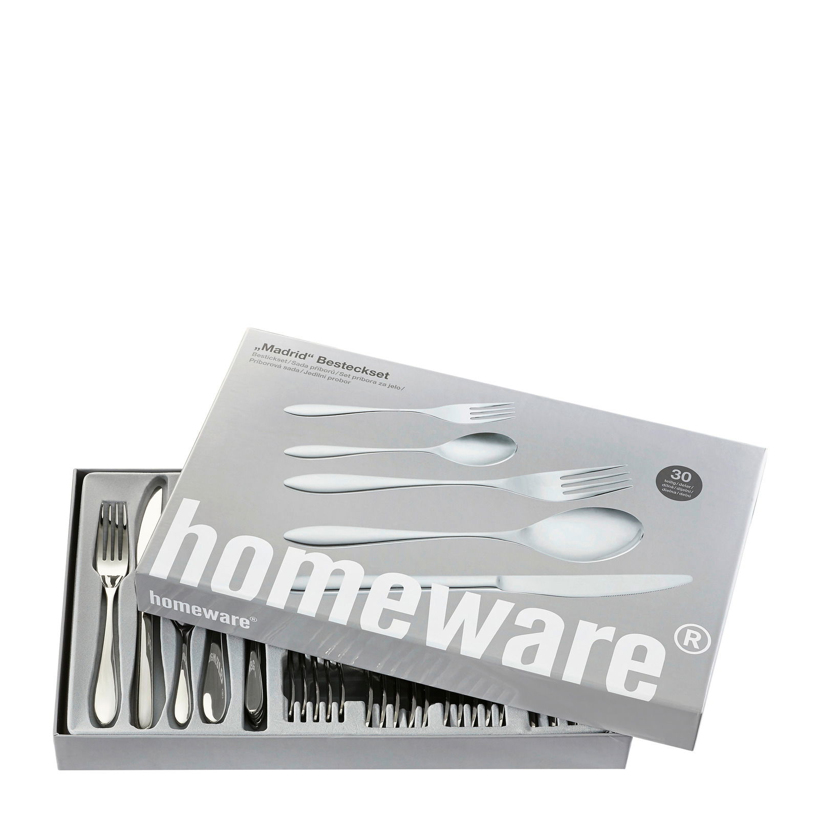 Besteckset 30-teilig in geöffneter Verpackung, Perspektive von oben