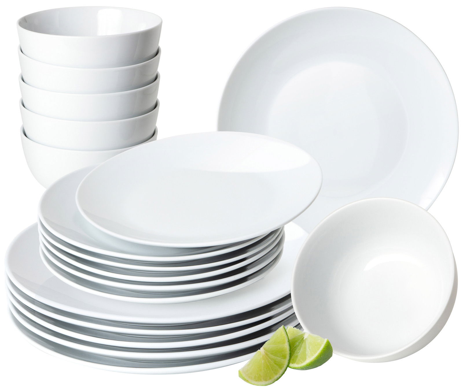 Weißes 18-teiliges Geschirrset bestehend aus Tellern und Schalen, seitliche Perspektive mit Limettenscheiben als Dekoration.