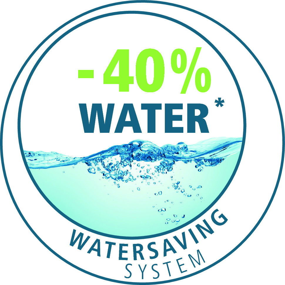 Rundes Logo mit der Aufschrift '-40% WATER' und 'WATERSAVING SYSTEM', zeigt Wasserwellen. Frontalansicht.