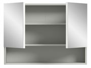 Spiegelschrank mit zwei offenen Türen, frontal betrachtet, zeigt zwei Regalböden.