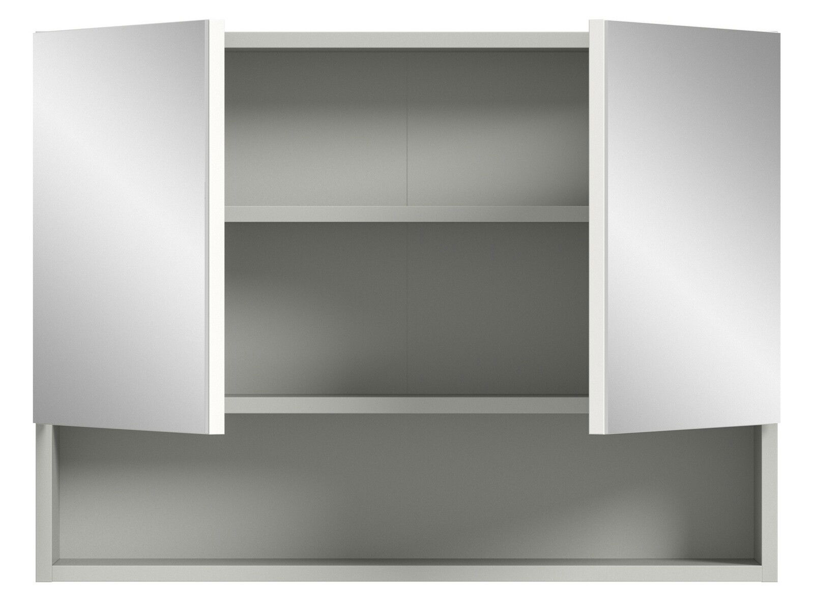 Spiegelschrank mit zwei offenen Türen, frontal betrachtet, zeigt zwei Regalböden.