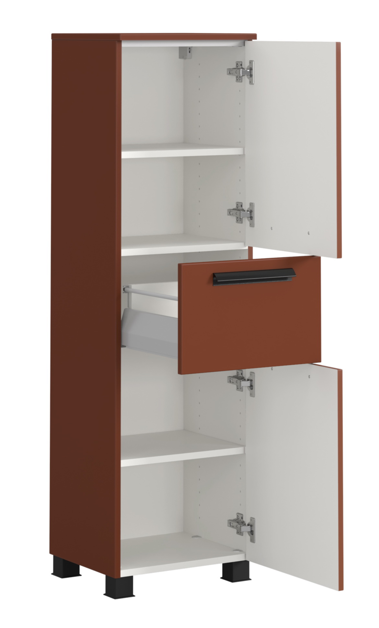 Offener Midischrank mit brauner Front, zwei Türen und einer Schublade, seitliche Perspektive