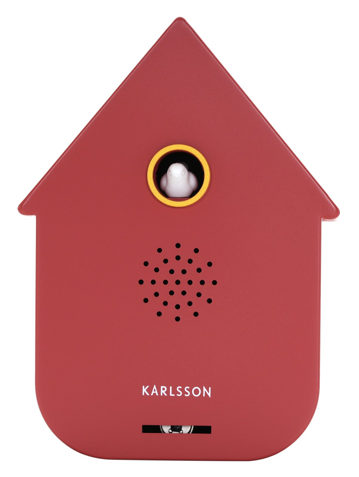 Rode, moderne geluidsbox in de vorm van een huisje met een vogeltje in een rond raampje, vooraanzicht