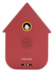 Rote moderne Soundbox in Hausform mit einem kleinen Vogel in einem runden Fenster, Vorderansicht